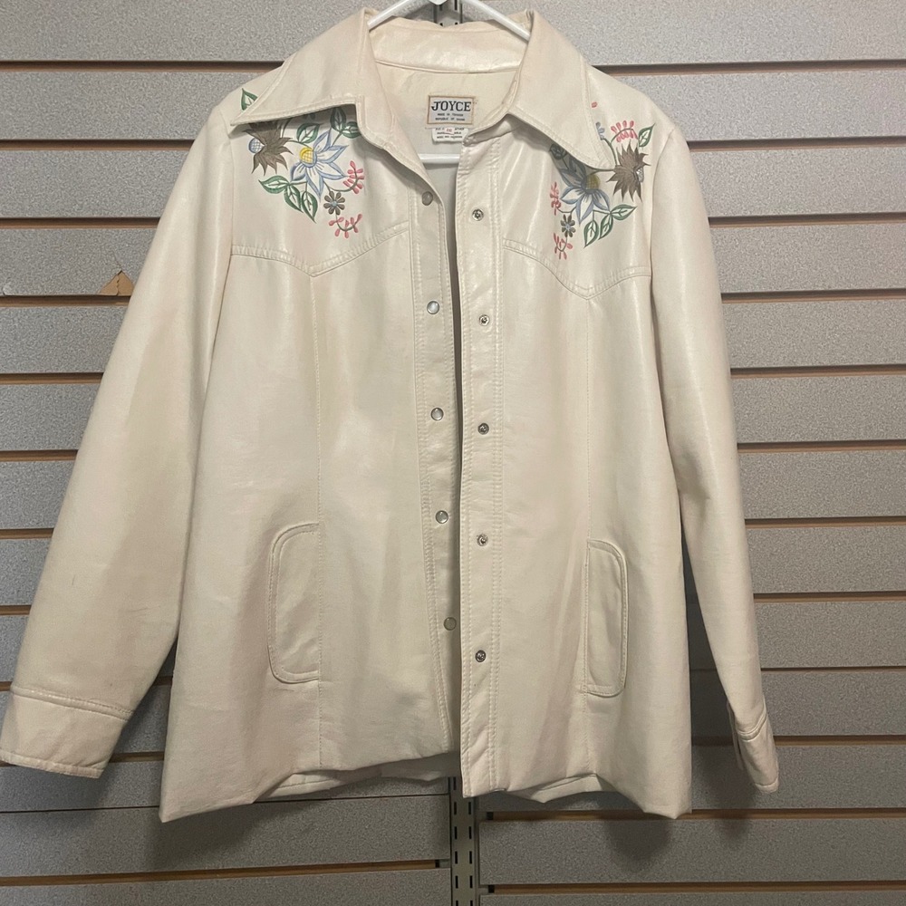 Vintage Joyce Women's Cream Embroidered Western Style Faux Leather Jacket‎ Sz 16